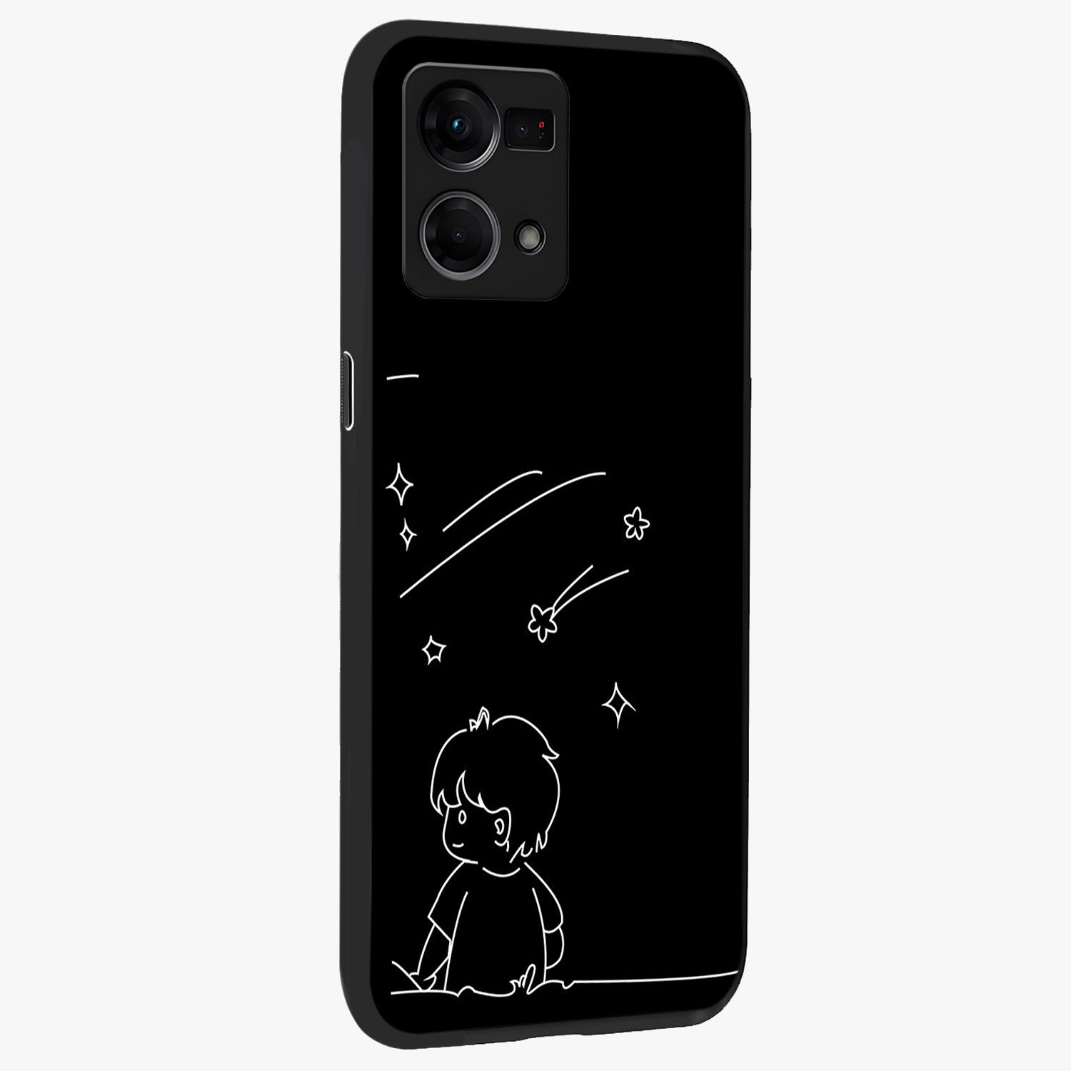Line Art Boy With Shooting Stars Glass Case upright view showcasing artistic shooting star illustration with minimal style.