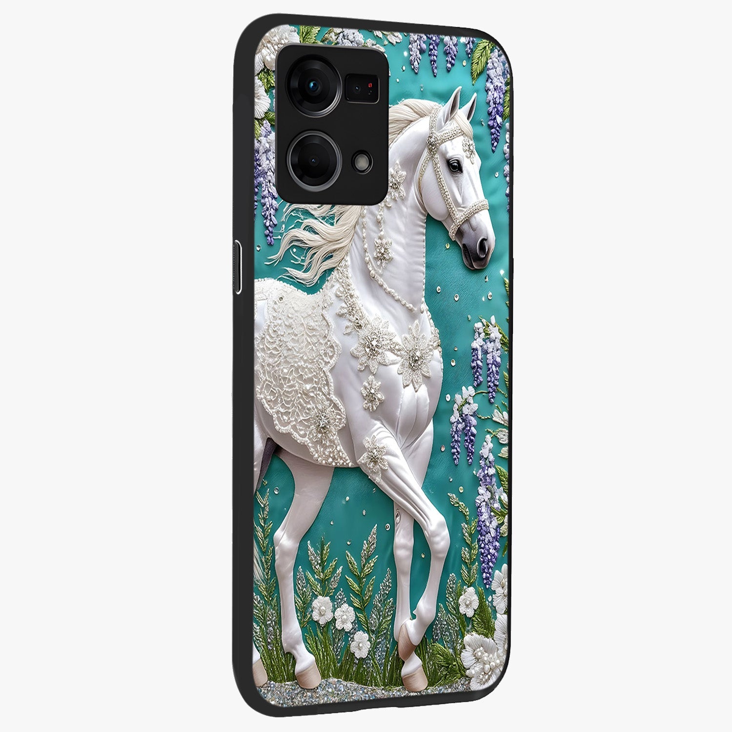 Majestic Floral Stallion Glass Case upright view showcasing dramatic horse artwork with decorative floral theme.