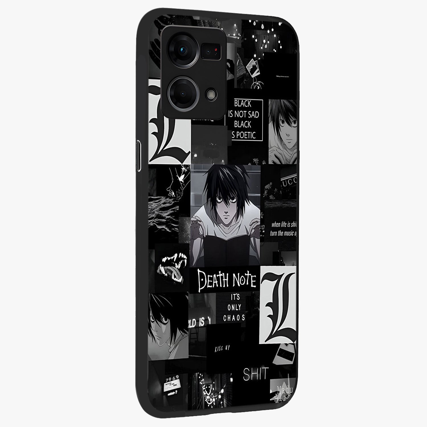 Midnight Chaos Mind Glass Case upright view showcasing expressive abstract artwork with bold dark theme.