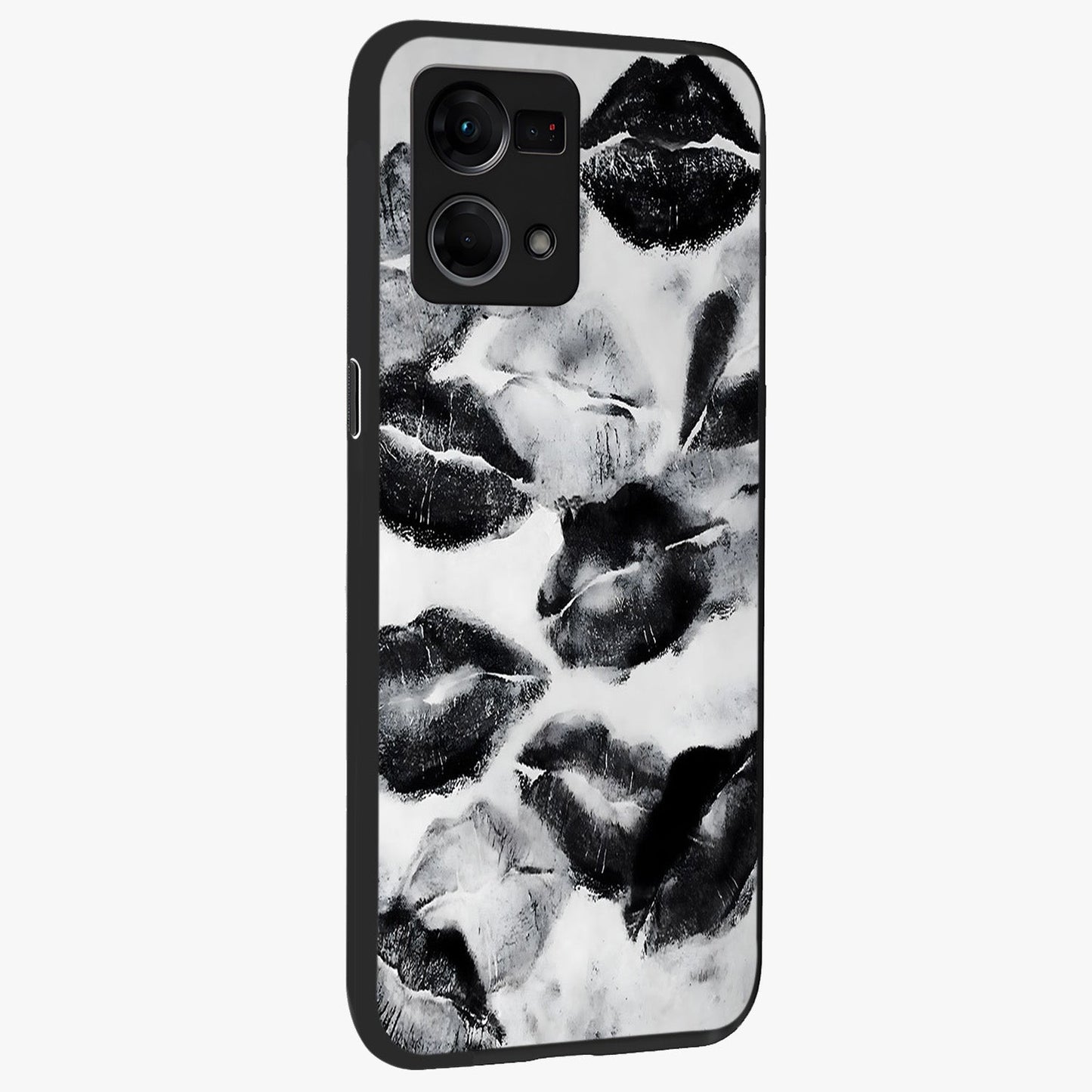Midnight Kiss Marks Glass Case upright view showcasing stylish kiss mark artwork with trendy romantic theme.