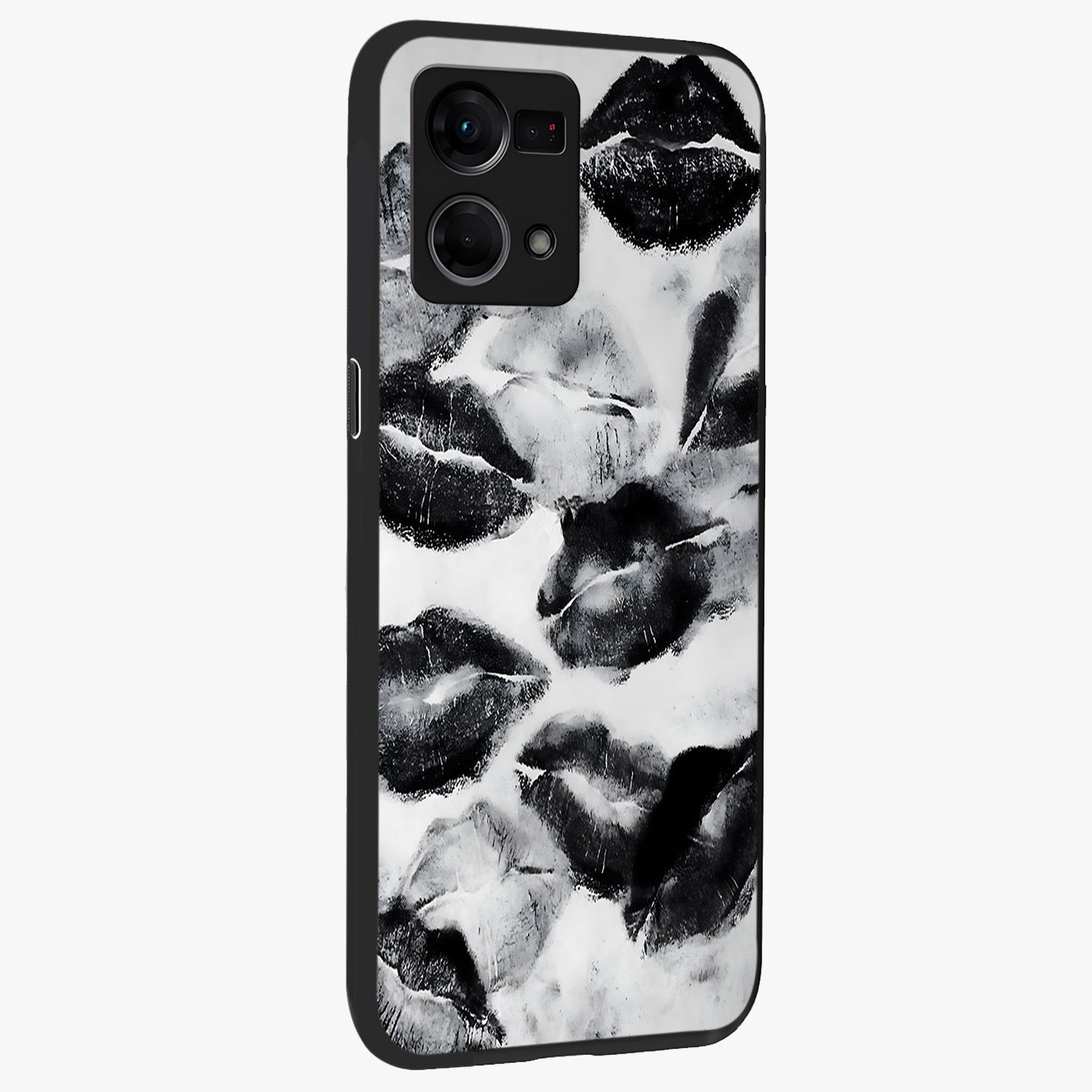 Midnight Kiss Marks Glass Case upright view showcasing stylish kiss mark artwork with trendy romantic theme.