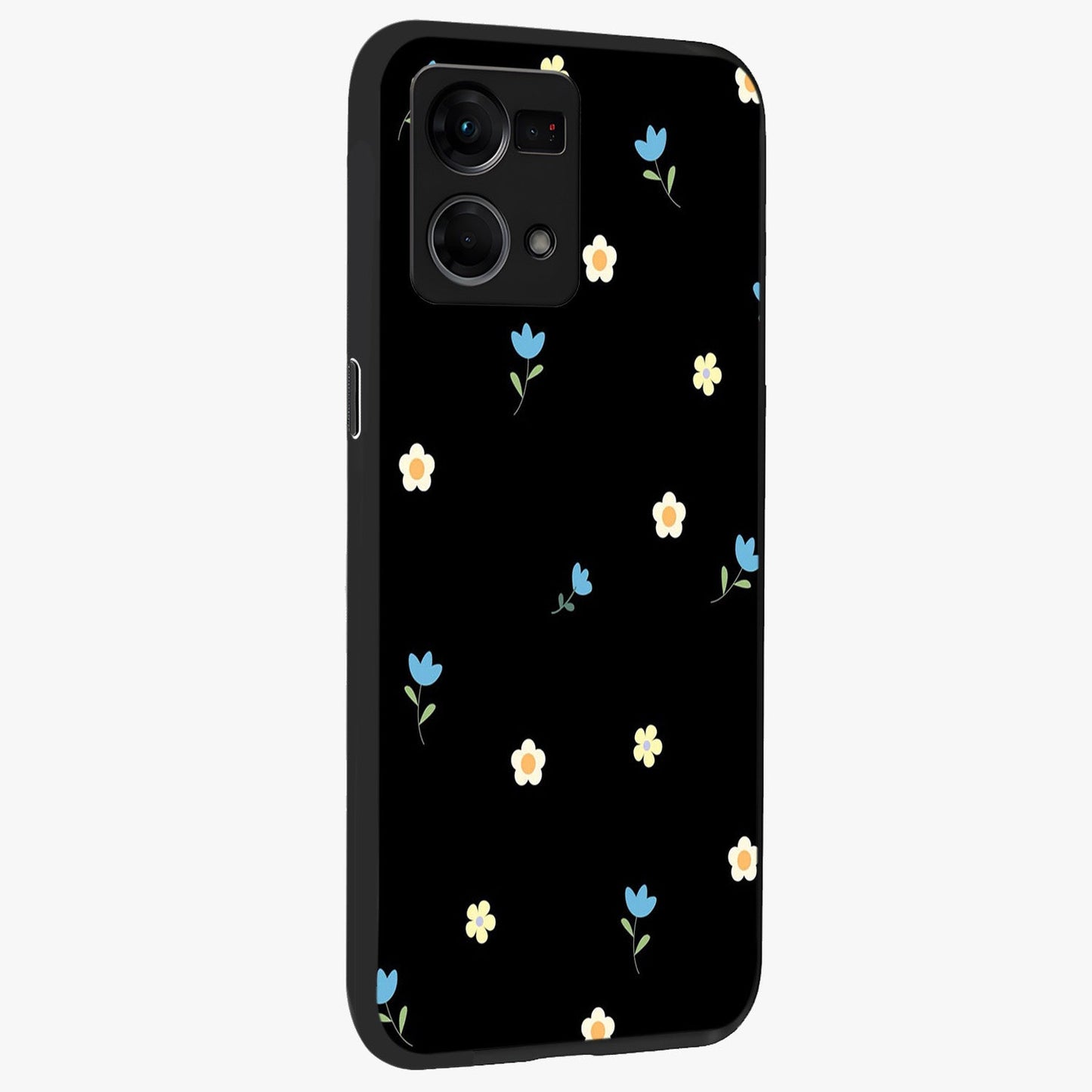 Minimal Petal Whispers Glass Case upright view showcasing elegant floral artwork with modern minimalist style.
