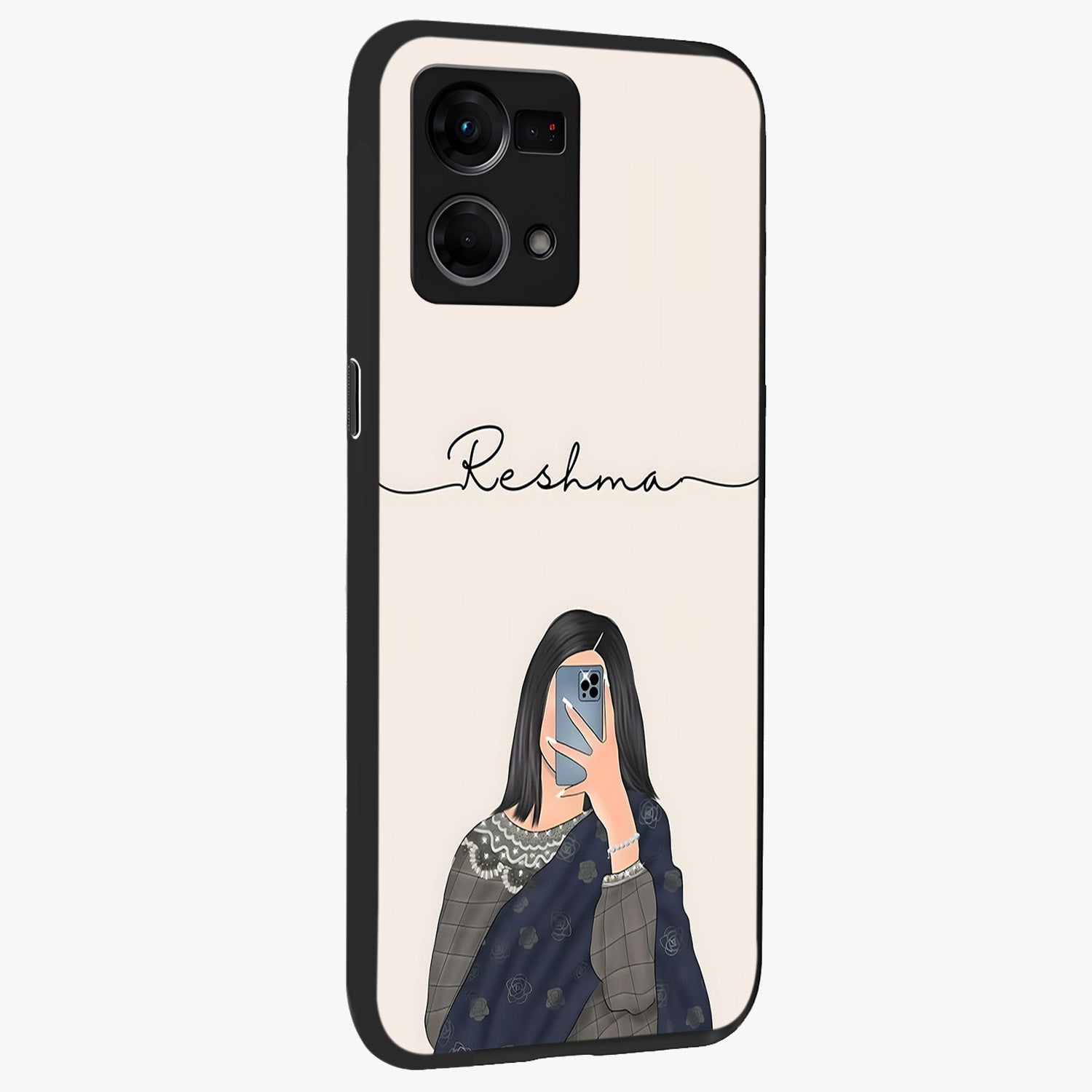 Mirror Mood Muse With Custom Name Glass Case upright view showcasing artistic mirror themed artwork with personalized aesthetic.