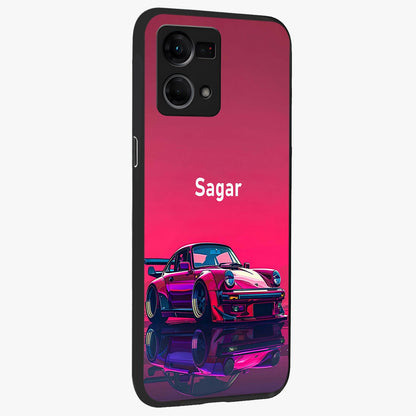 Neon Pink Porsche Glass Case upright view showcasing vibrant sports car artwork with bold automotive theme.