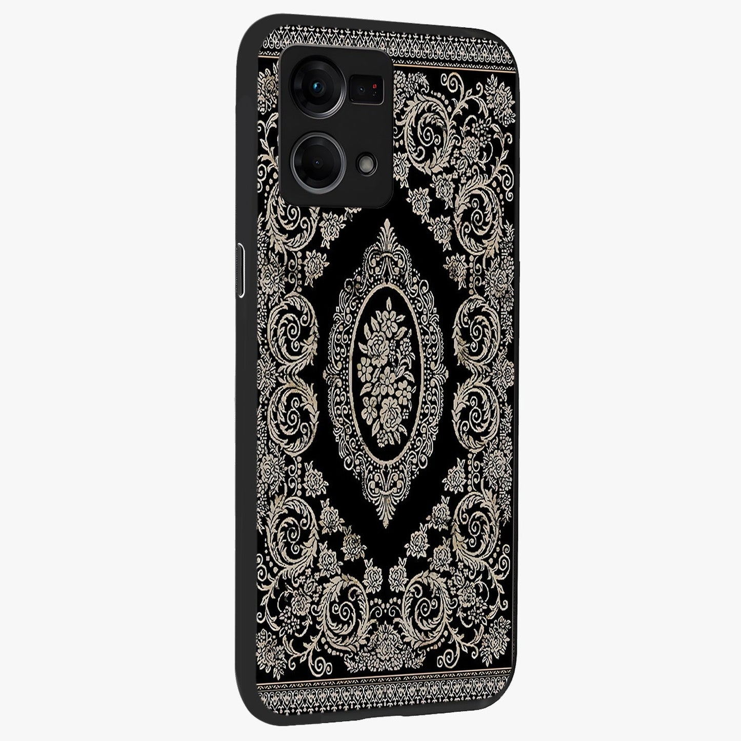 Noir Bloom Elegance Glass Case upright view showcasing graceful floral artwork with luxurious dark theme.