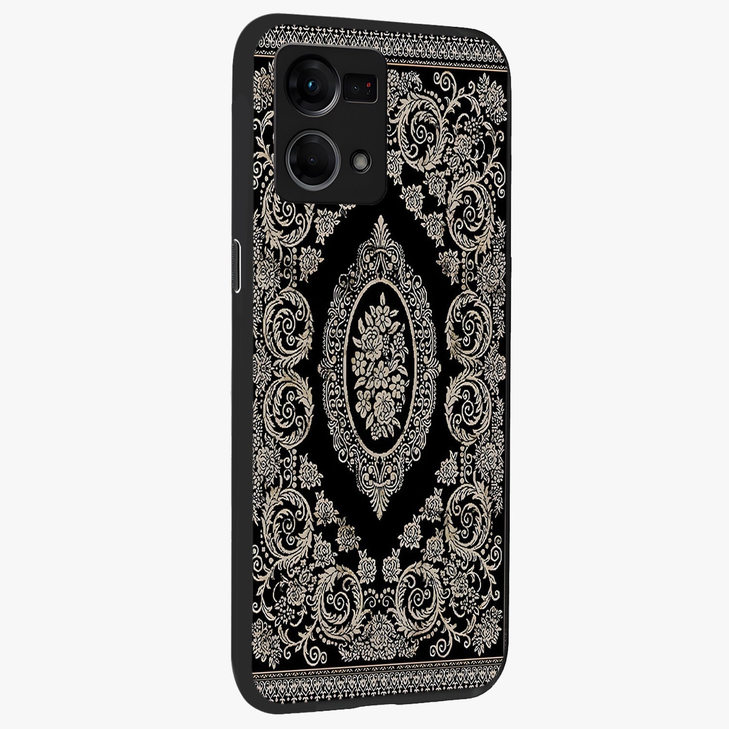 Noir Bloom Elegance Glass Case upright view showcasing graceful floral artwork with luxurious dark theme.