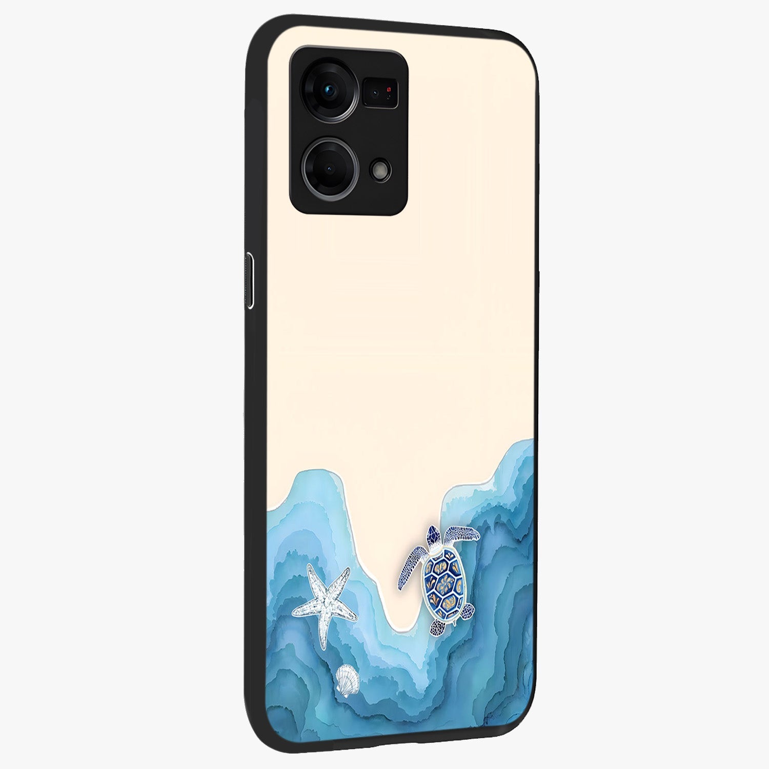 Ocean Drift Turtle Glass Case upright view showcasing calm underwater turtle artwork with nature inspired theme.