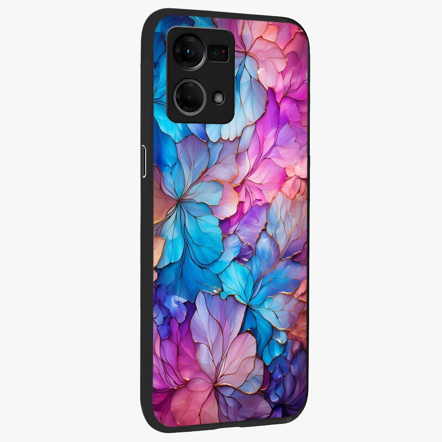 Radiant Floral Whirl Glass Case upright view showcasing lively floral artwork with decorative swirl theme.