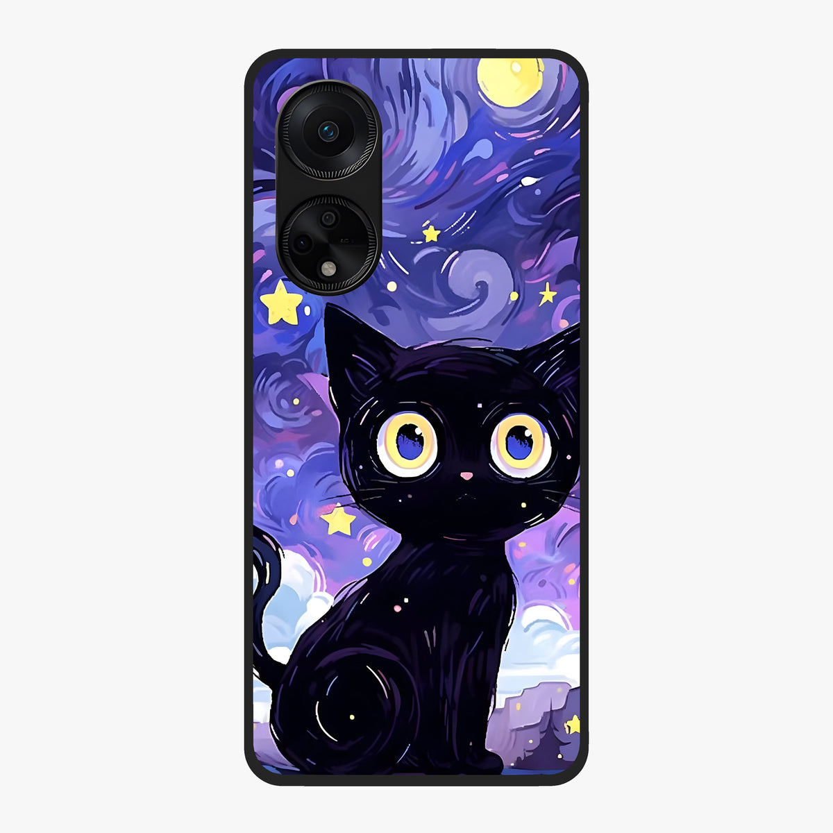 Abstract Cat Art Glass Case showing flat back view with artistic cat illustration and glossy glass finish.