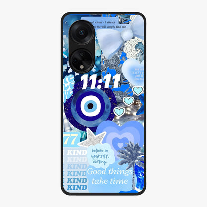 Aesthetic Be Kind Eye Glass Case showing flat back view with motivational eye artwork and glossy glass finish.