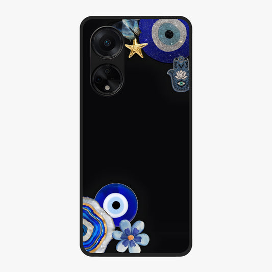 Aesthetic Blue Evil Eye Glass Case showing flat back view with protective evil eye artwork and glossy glass finish.