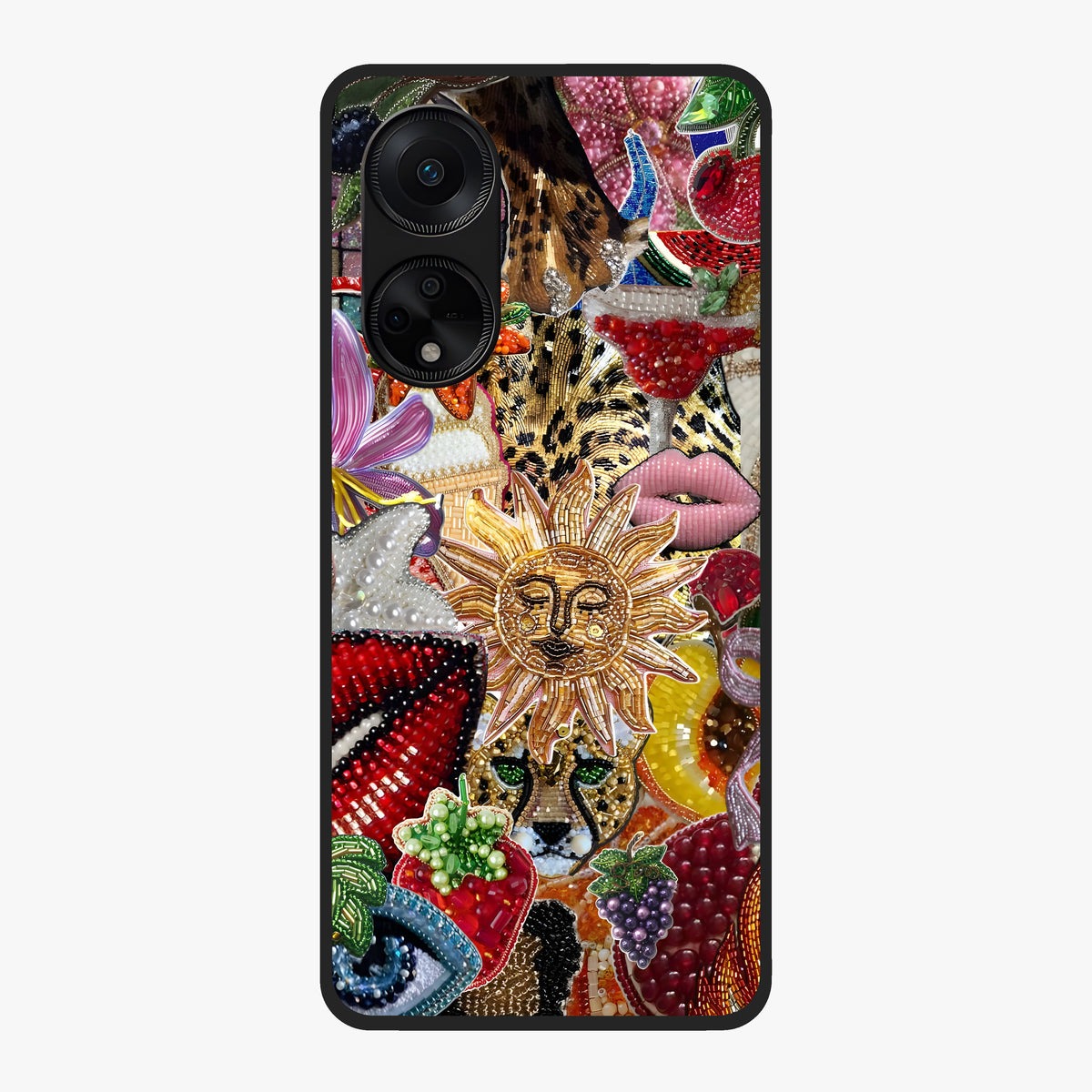 Beaded Fashion Jungle Glass Case showing flat back view with vibrant jungle inspired bead artwork and glossy glass finish.