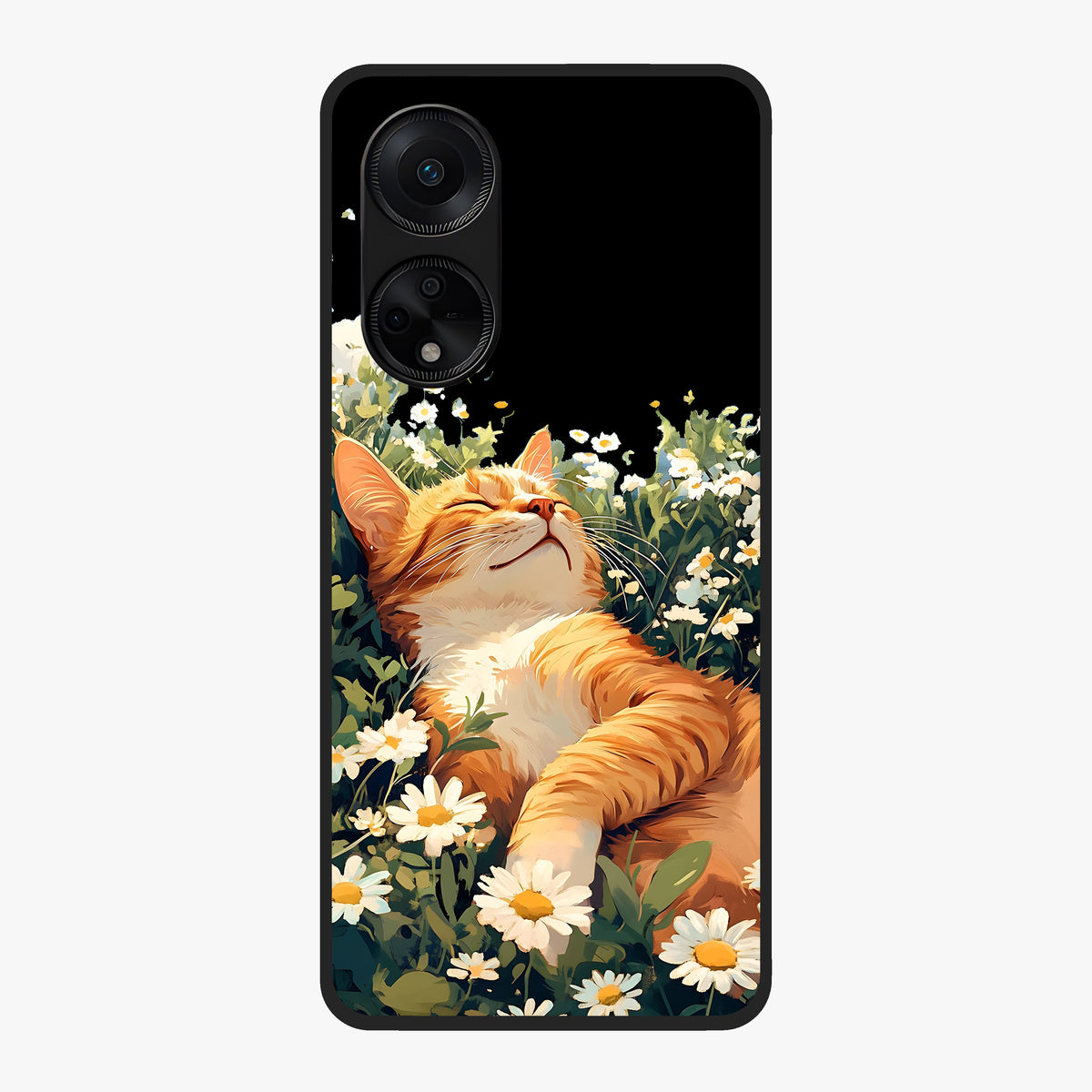 Blissful Bloom Cat Glass Case showing flat back view with cute cat and floral bloom artwork and glossy glass finish.