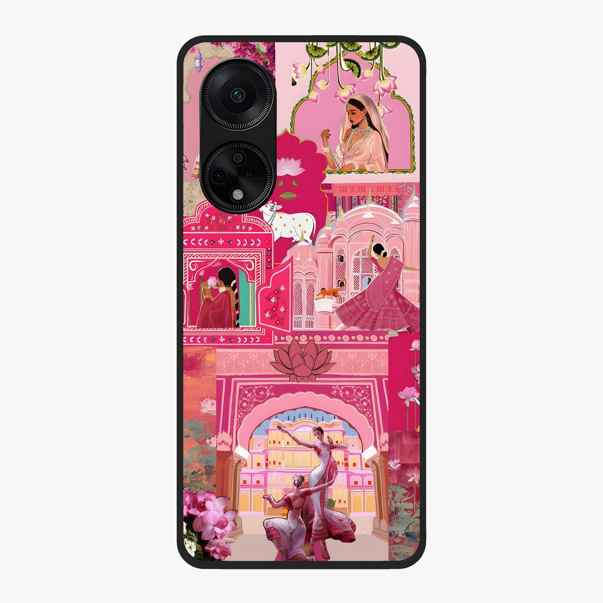 Blossoms of Rajasthan Glass Case showing flat back view with traditional floral artwork inspired by Rajasthan and glossy glass finish.
