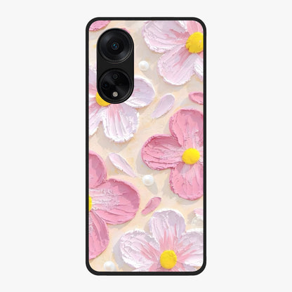 Blush Bloom Texture Glass Case showing flat back view with soft blush floral texture artwork and glossy glass finish.