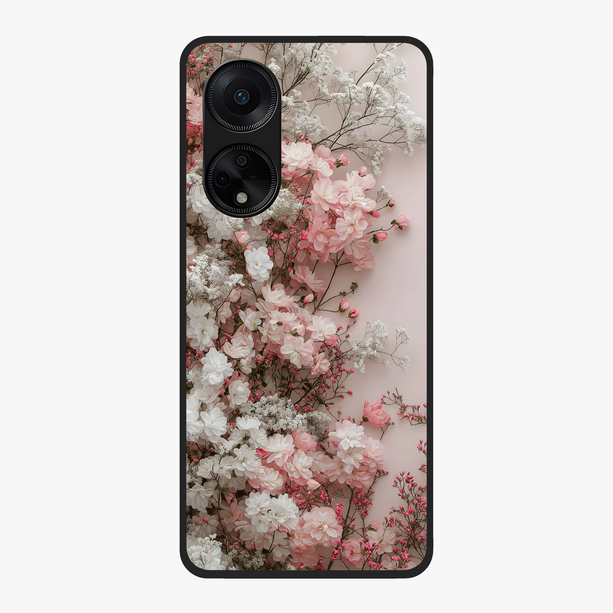 Blush Blossom Cloud Glass Case showing flat back view with dreamy blush cloud blossom artwork and glossy glass finish.