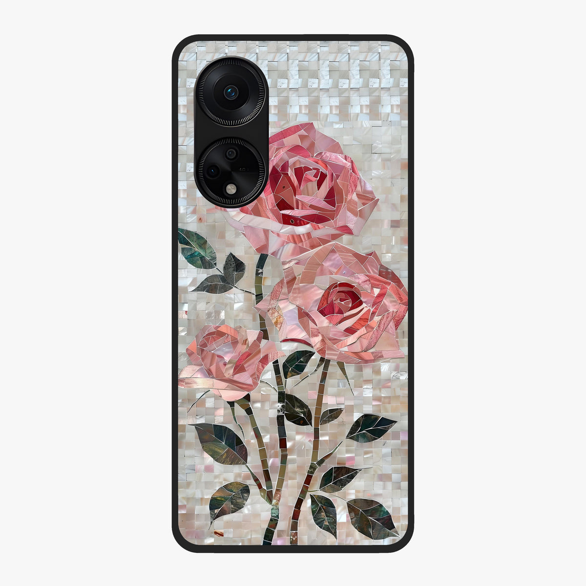 Blush Mosaic Bloom Glass Case showing flat back view with mosaic floral bloom artwork and glossy glass finish.
