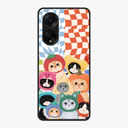 Cats in Fruits Glass Case showing flat back view with playful cat illustrations inside fruit artwork and glossy glass finish.