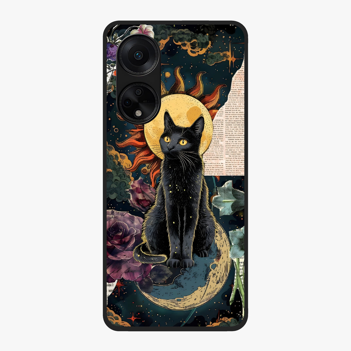 Celestial Black Cat Glass Case showing flat back view with mystical black cat artwork and glossy glass finish.