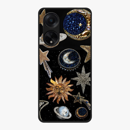 Celestial Gem Constellations Glass Case showing flat back view with sparkling constellation artwork and glossy glass finish.