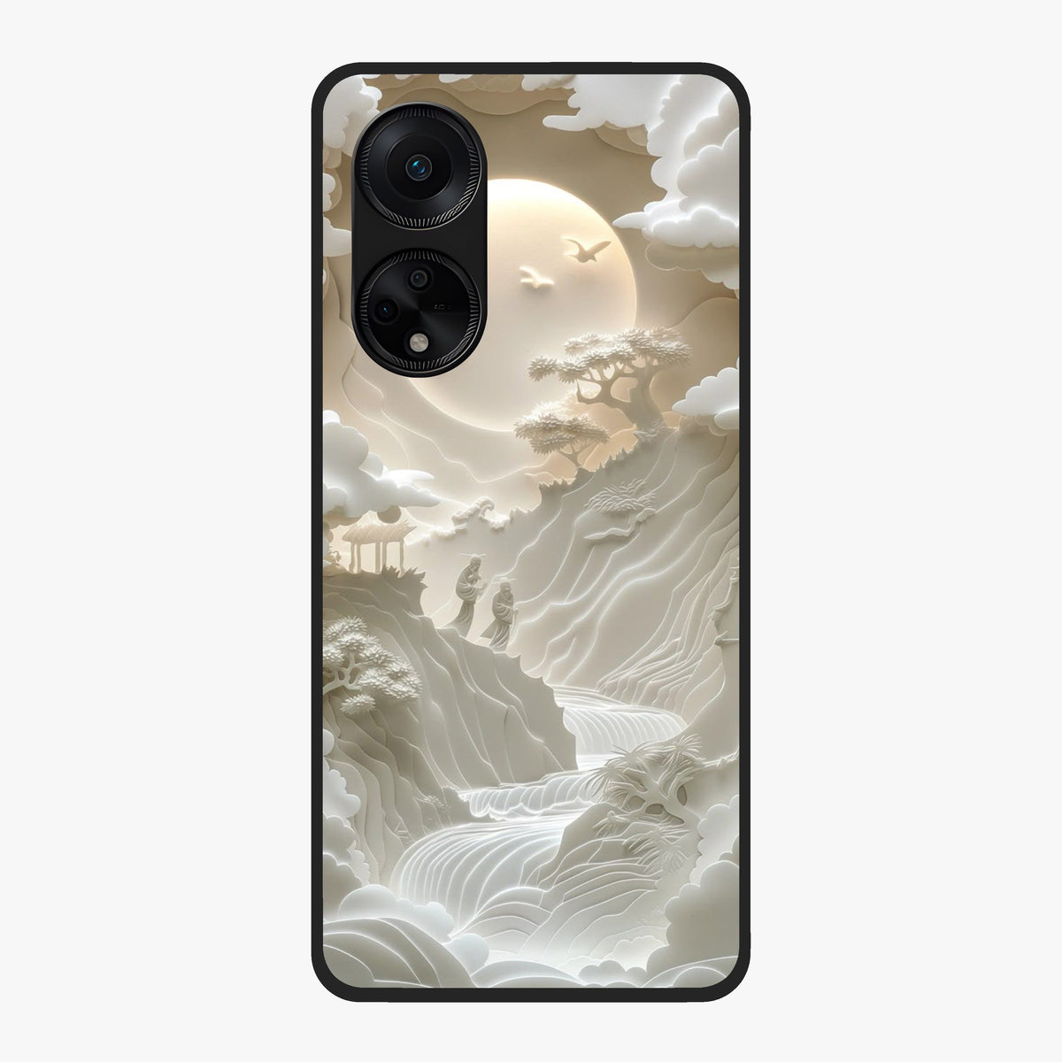 Celestial Origami Glass Case showing flat back view with artistic origami inspired celestial artwork and glossy glass finish.