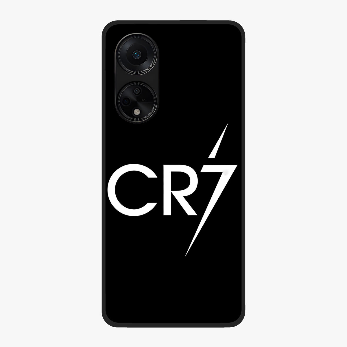 Cr7 Elite Strike Glass Case showing flat back view with dynamic football inspired artwork and glossy glass finish.