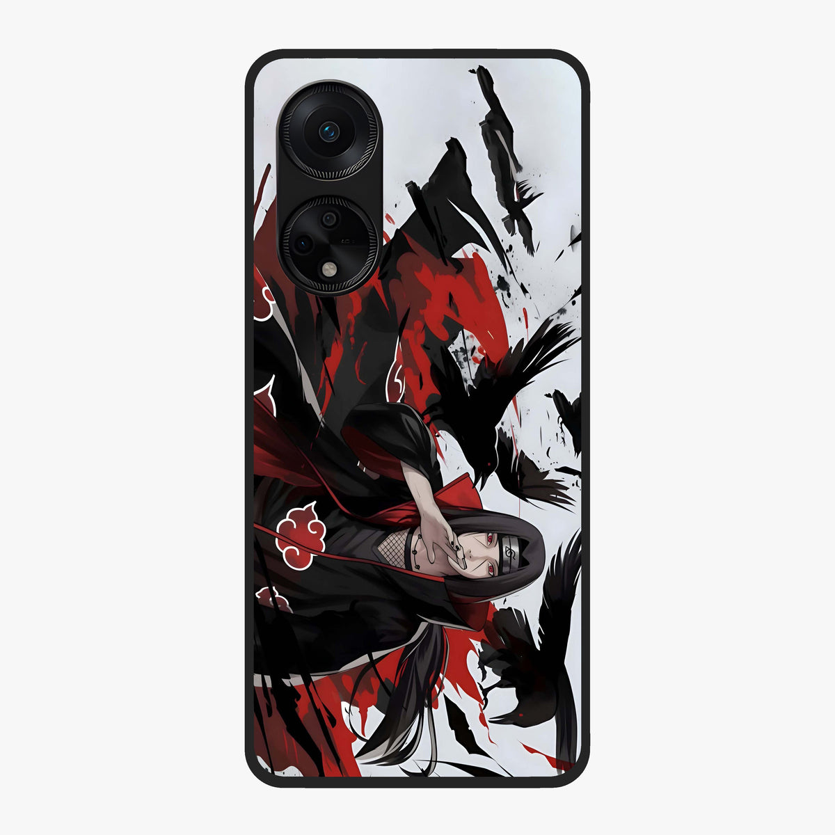 Crimson Crow Illusion Glass Case showing flat back view with artistic crow illusion artwork and glossy glass finish.
