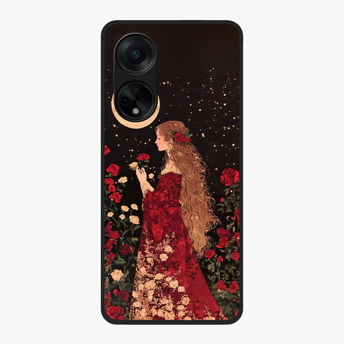 Crimson Dreams Glass Case showing flat back view with dreamy crimson artwork and glossy glass finish.