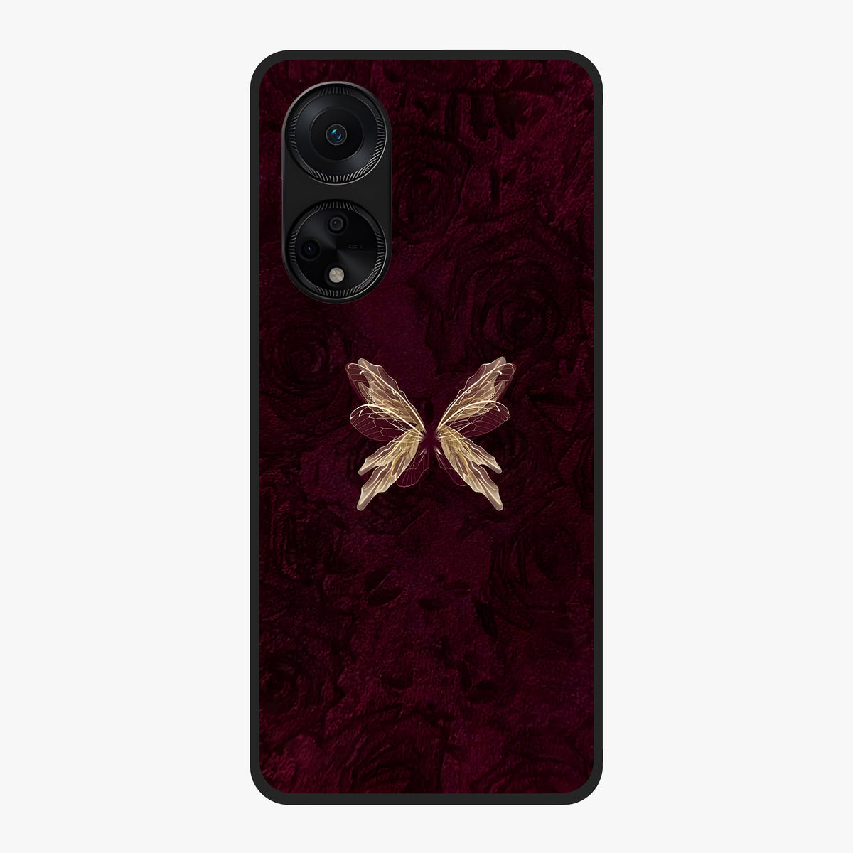 Crimson Fade Butterfly Glass Case showing flat back view with fading butterfly artwork and glossy glass finish.