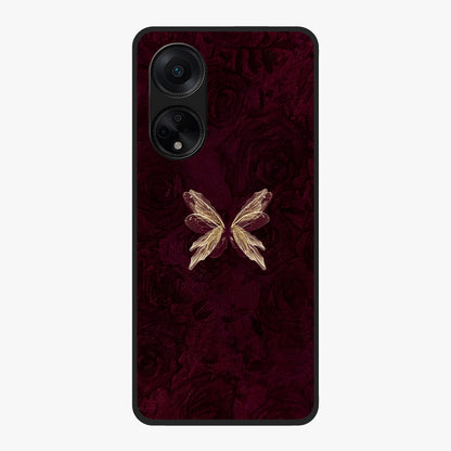 Crimson Fade Butterfly Glass Case showing flat back view with fading butterfly artwork and glossy glass finish.