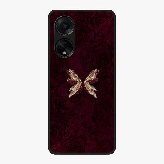 Crimson Fade Butterfly Glass Case showing flat back view with fading butterfly artwork and glossy glass finish.