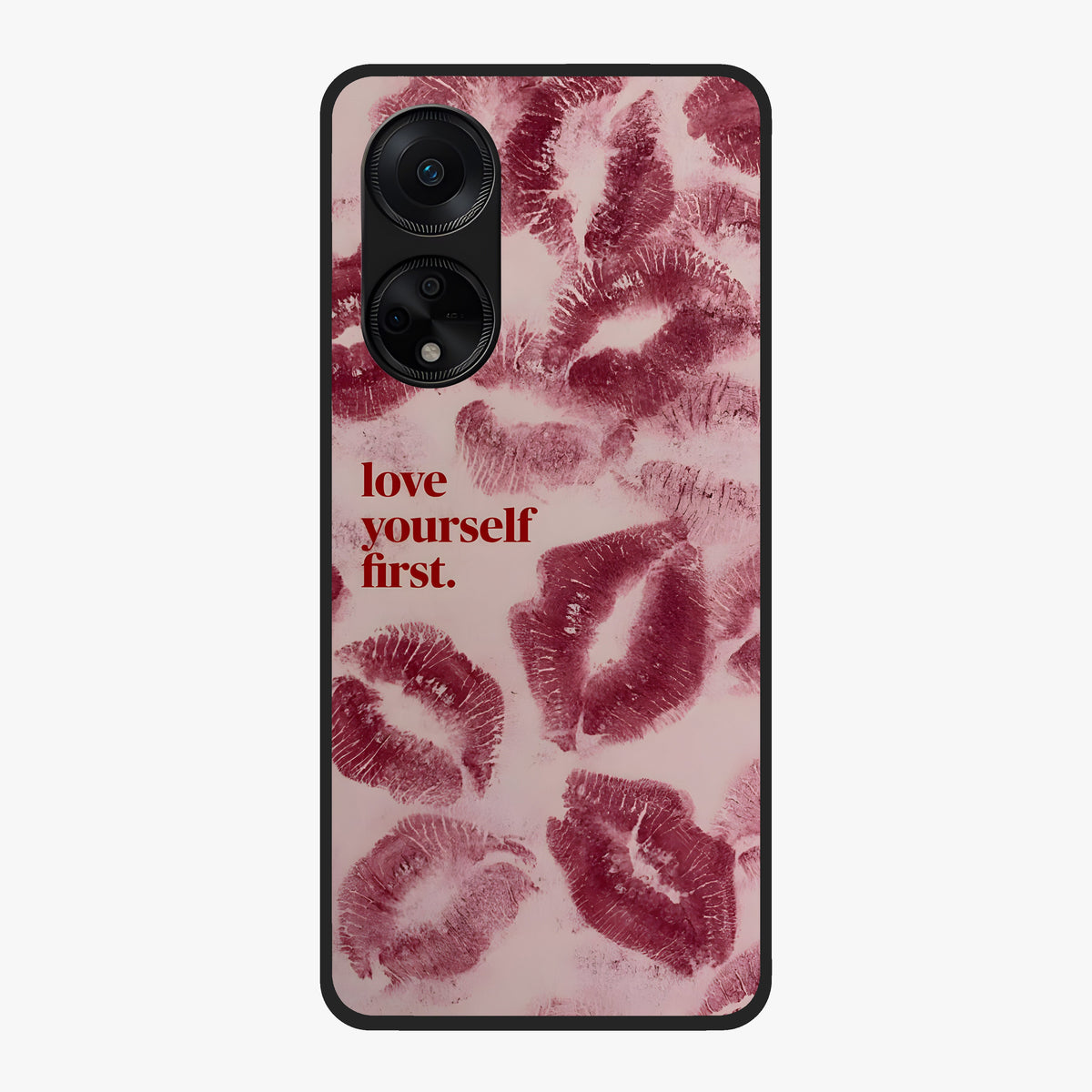 Crimson Kiss Love Glass Case showing flat back view with romantic crimson themed artwork and glossy glass finish.