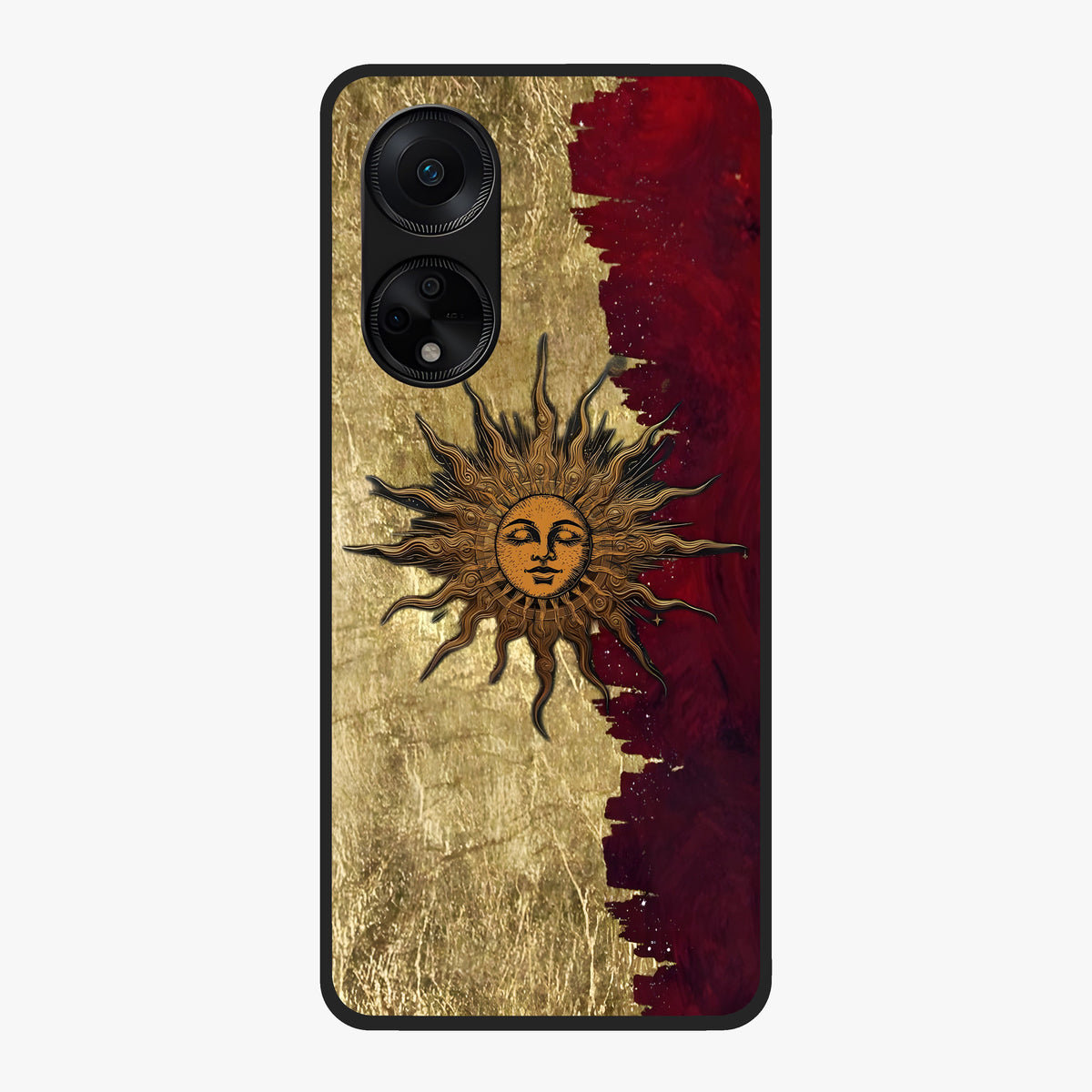 Crimson Sun Majesty Glass Case showing flat back view with radiant sun inspired artwork and glossy glass finish.