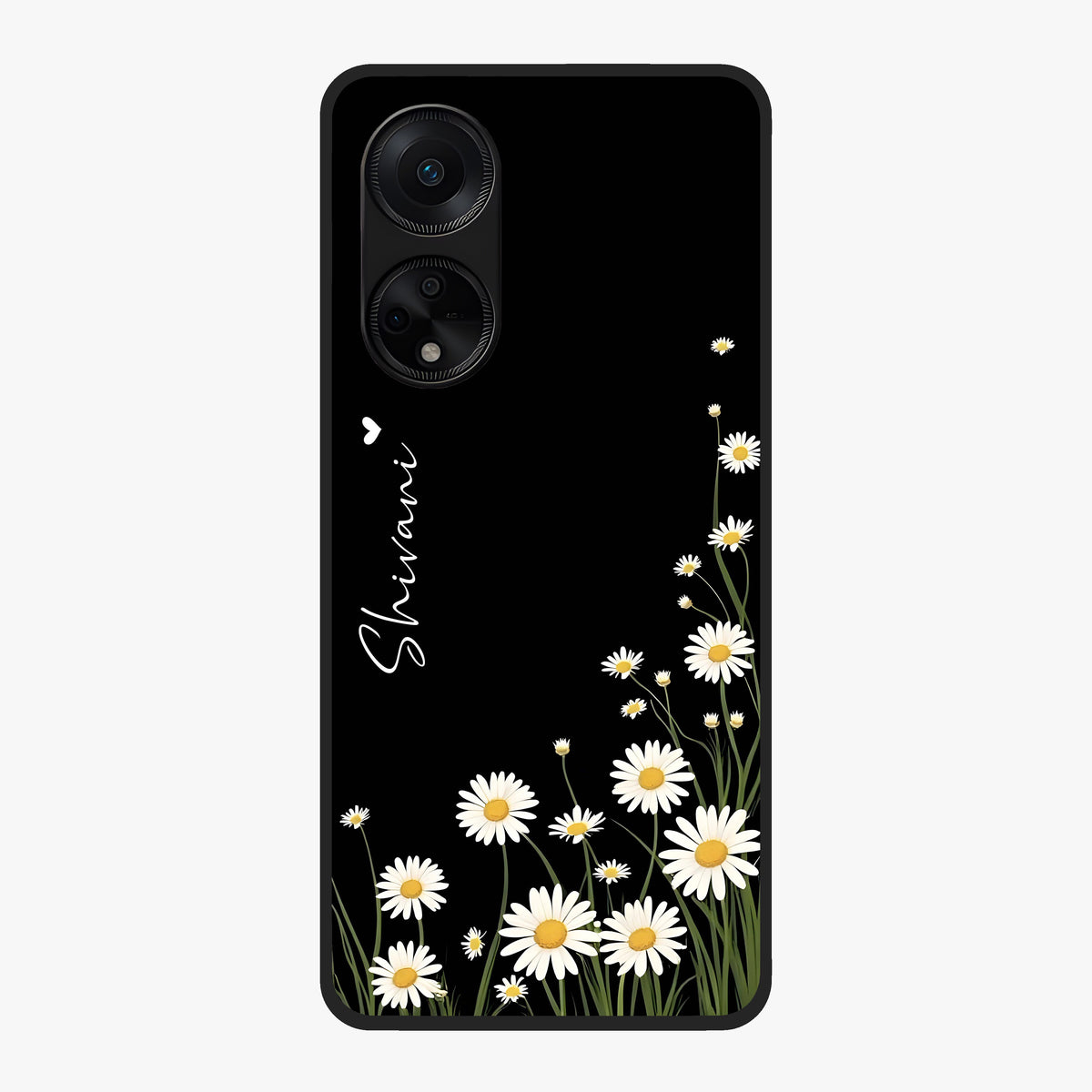Daisy Cascade Custom Name Glass Case showing flat back view with cascading daisy flowers and personalized name design.