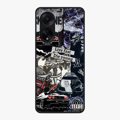 Die Young Glass Case showing flat back view with bold artistic typography design and glossy glass finish.