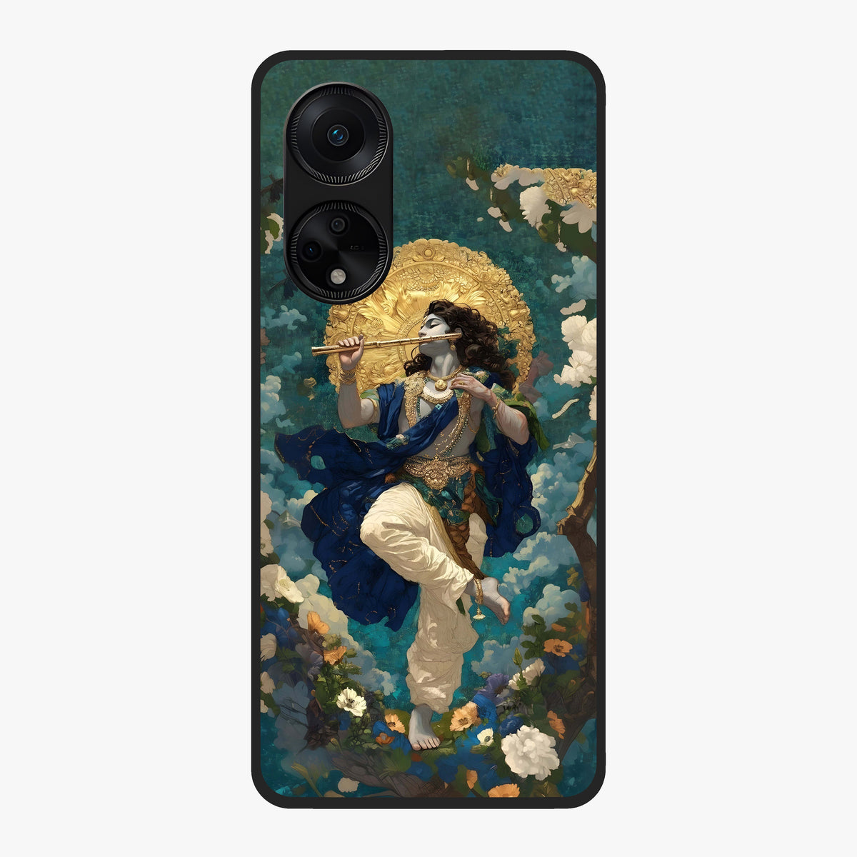 Divine Krishna Art Glass Case showing flat back view with Lord Krishna artwork and glossy glass finish.