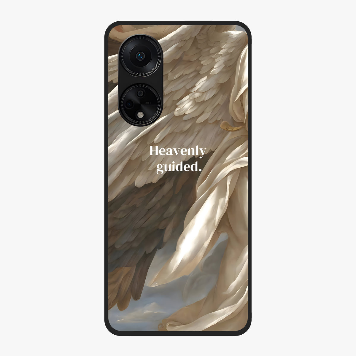 Divine Winged Grace Glass Case showing flat back view with elegant wing inspired artwork and glossy glass finish.