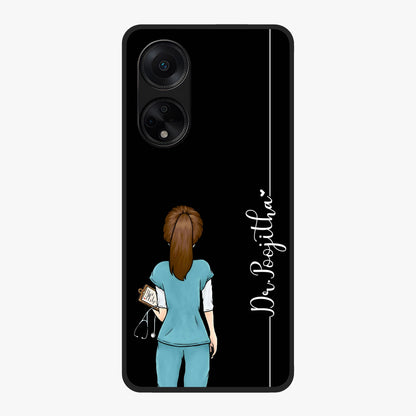 Doctor Pattern Custom Name Glass Case showing flat back view with medical themed pattern and personalized name design.