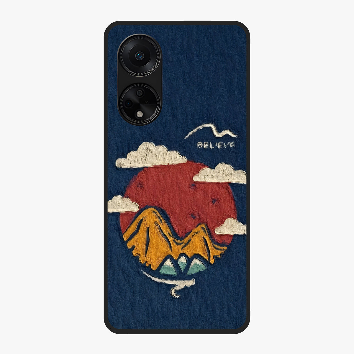Dream Beyond Mountains Glass Case showing flat back view with scenic mountain landscape artwork and glossy glass finish.