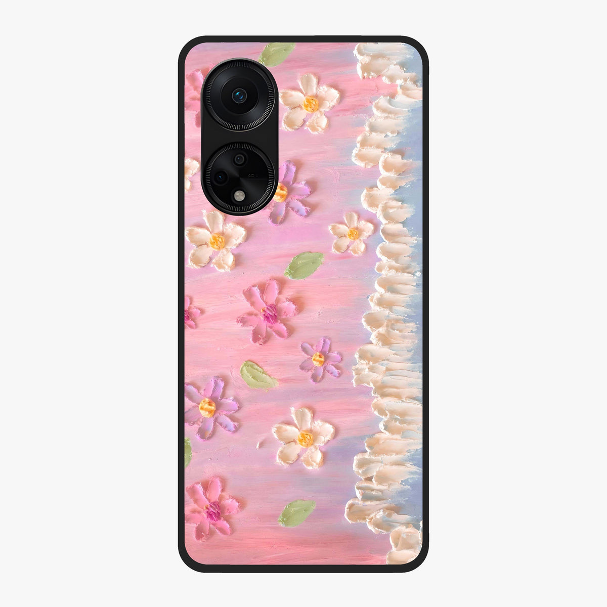 Dreamy Painted Garden Glass Case showing flat back view with artistic painted floral garden artwork and glossy glass finish.