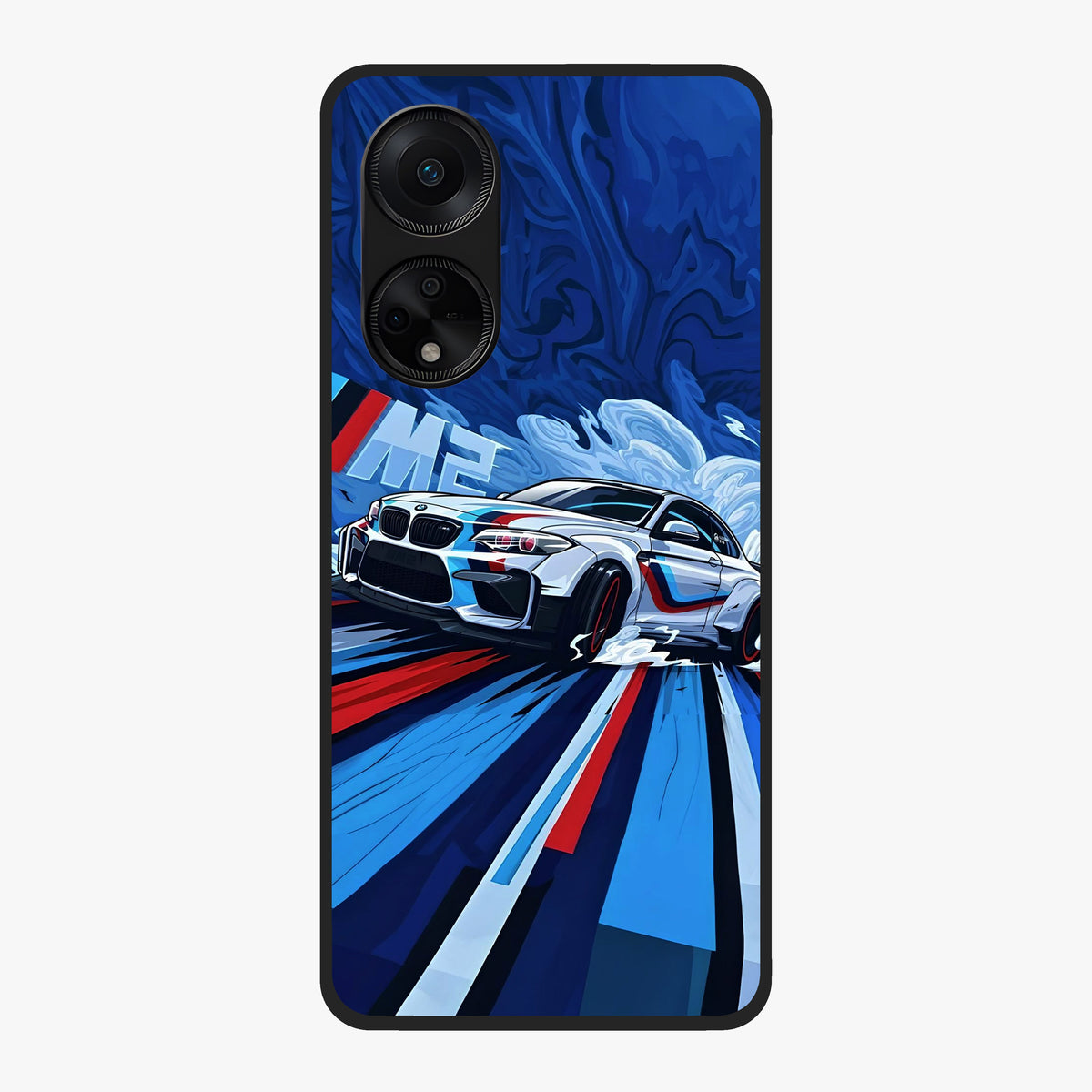 Drift Power Rush Glass Case showing flat back view with dynamic racing inspired artwork and glossy glass finish.