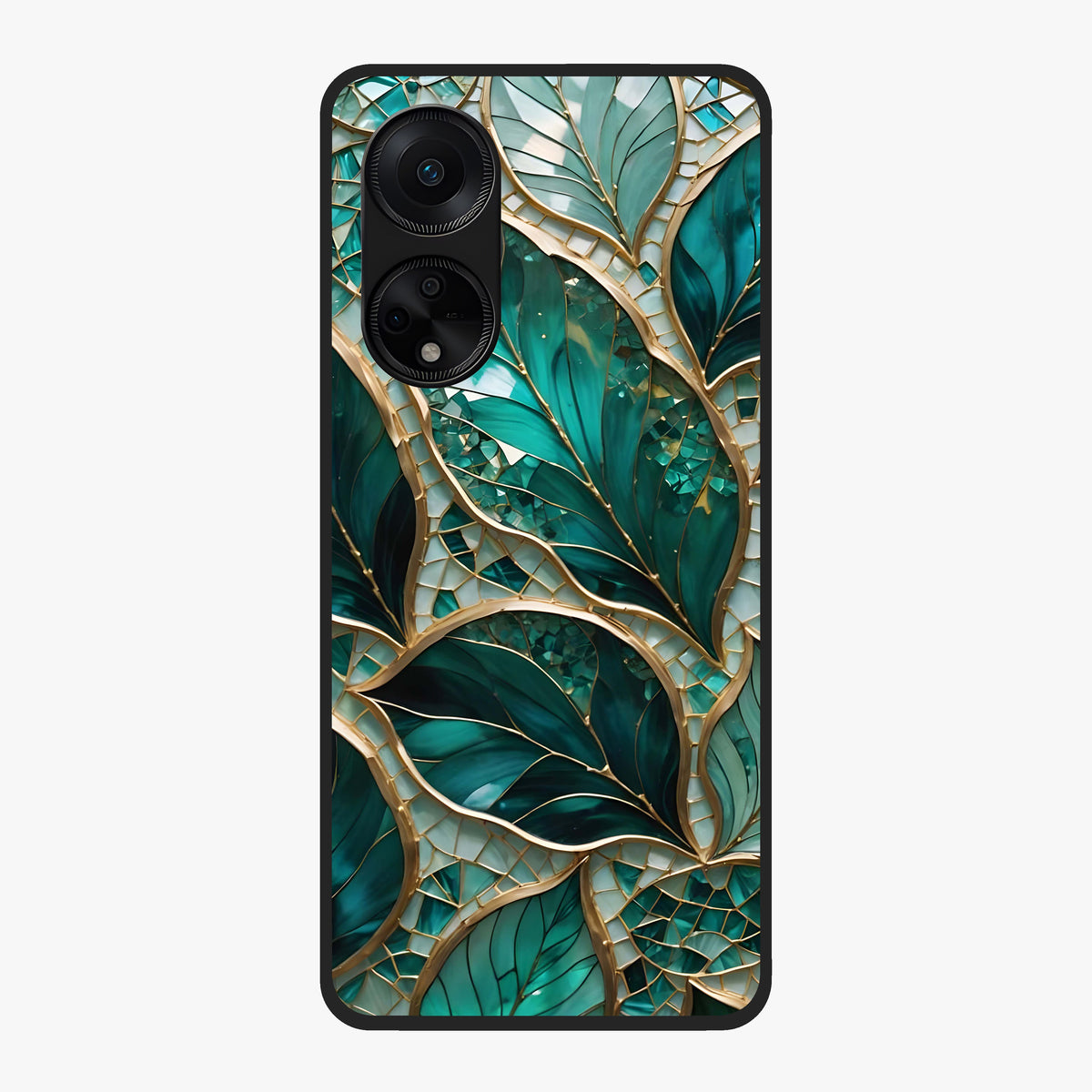 Emerald Leaf Glass Glass Case showing flat back view with emerald green leaf artwork and glossy glass finish.