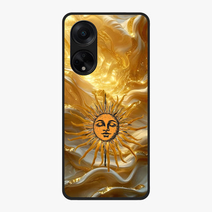 Eternal Golden Glow Glass Case showing flat back view with radiant golden themed artwork and glossy glass finish.