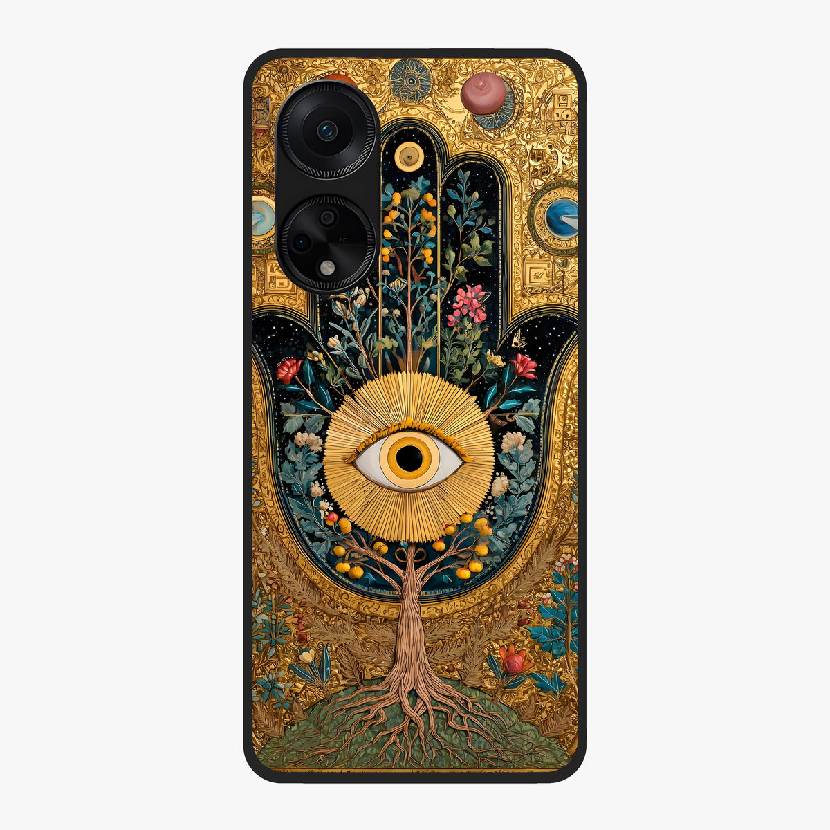 Ethereal Evil Eye Glass Case showing flat back view with mystical evil eye artwork and glossy glass finish.