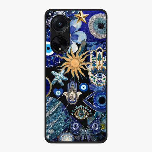 Evil Eye Charm Mix Glass Case showing flat back view with multiple evil eye charms artwork and glossy glass finish.