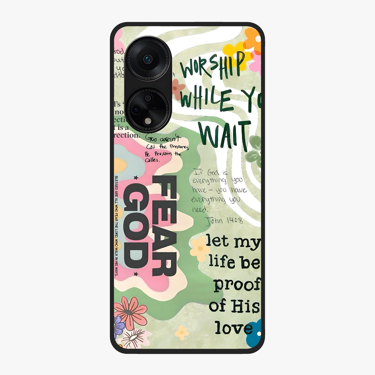 Faith Over Fear Glass Case showing flat back view with motivational typography artwork and glossy glass finish.
