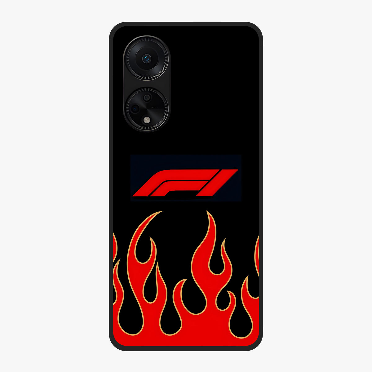 Fire F11 Glass Case showing flat back view with fiery themed artwork and glossy glass finish.