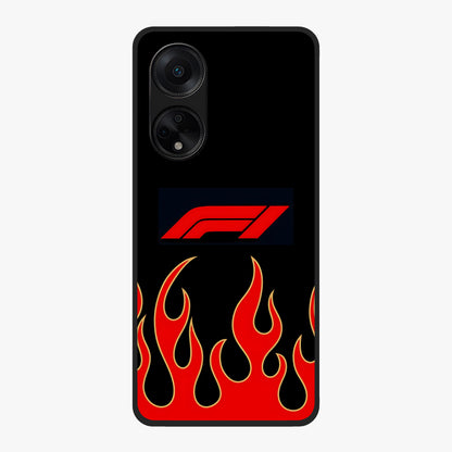 Fire F11 Glass Case showing flat back view with fiery themed artwork and glossy glass finish.