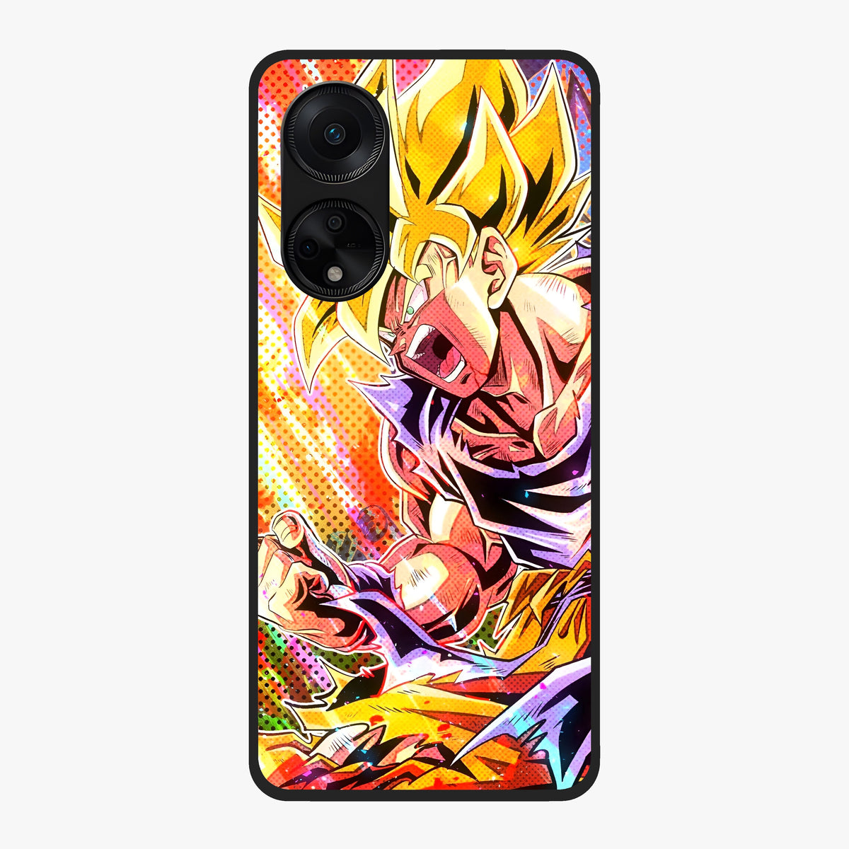 Firing Goku Glass Case showing flat back view with powerful anime inspired artwork and glossy glass finish.