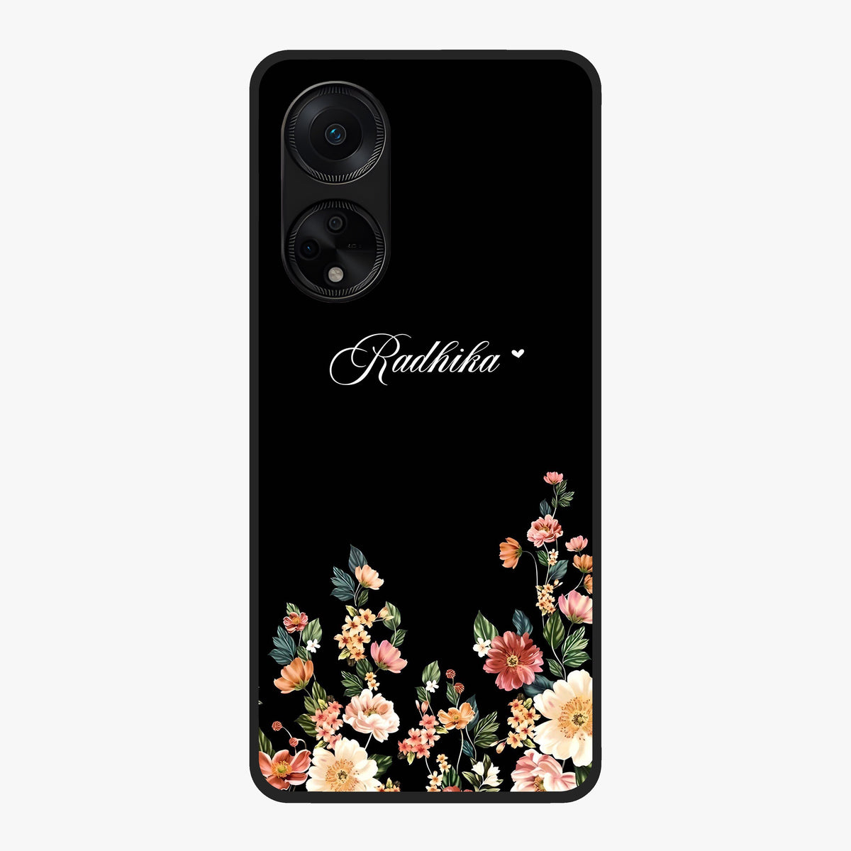 Floral Design With a Custom Personalized Name Glass Case showing flat back view with floral artwork and personalized name design.